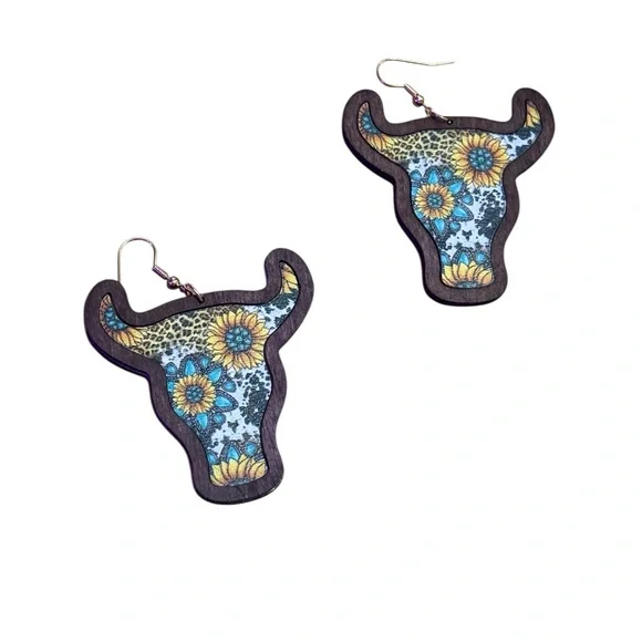 Fashion Jewelry Western boho Cow print  Earrings - Sunflower Blue and yellow - Picture 7 of 12